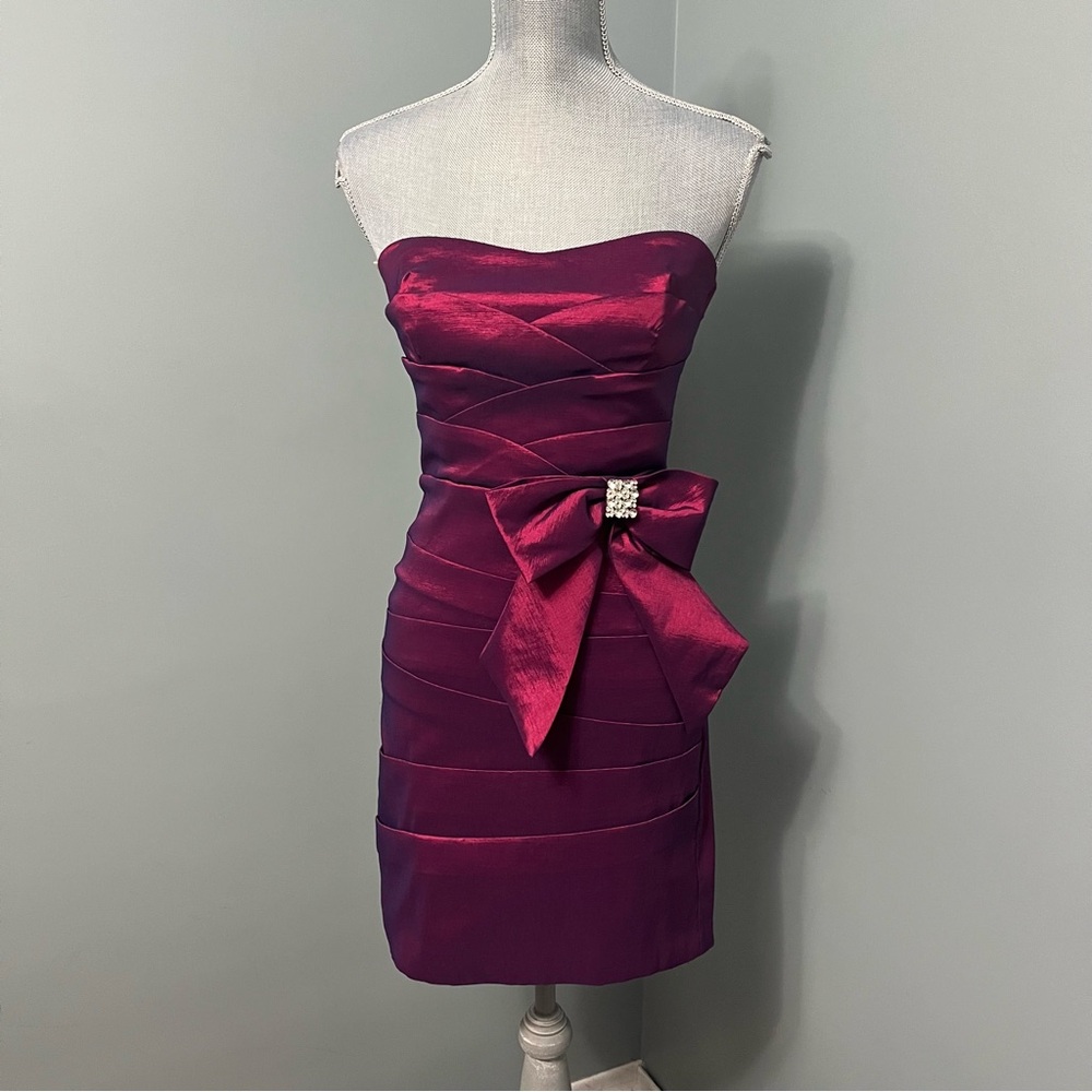 TEEZE ME pink layered strapless mini dress with bow and bling cocktail wedding